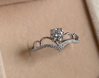 Moissanite Sterling Silver Crown Ring, Adjustable Anniversary Gift