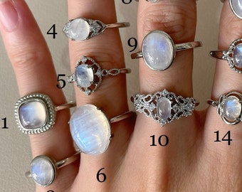 Natuurlijke Maansteenring, verstelbare open eindringen, zilveren maansteenring, blauwe maansteen sieraden, blauwe flitsmaansteen, helende stenen ring