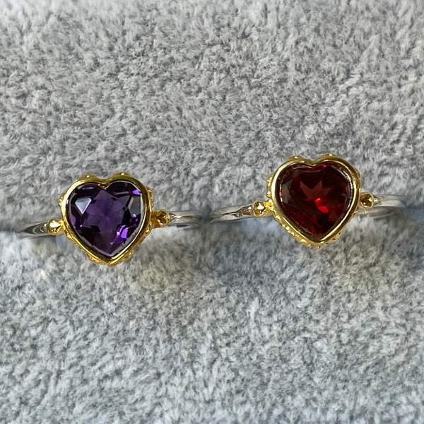 Sterling silver Garnet ring amethyst ring with heart shaped natural crystal stone, heart ring, cute girly ring for her, s925 ring