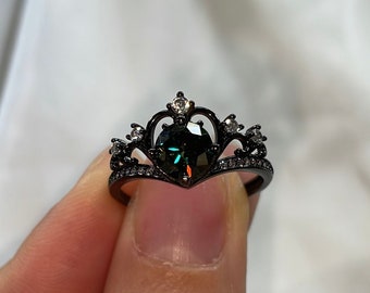 Black Rainbow Moissanite Sterling Silver Ring, black band, crown ring, princess crown, heart crown, girly promise ring, cute silver ring