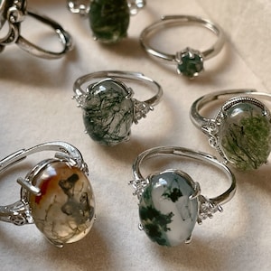 Moss Agate ring, adjustable open ring, silver ring, natural moss agate jewelry, green agate crystal, moss crystal, moss crystal ring