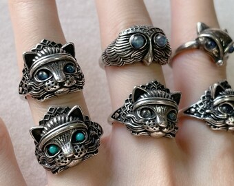 Animal Themed Ring, Labradorite, Turquoise, Silver Plated Copper, Adjustable