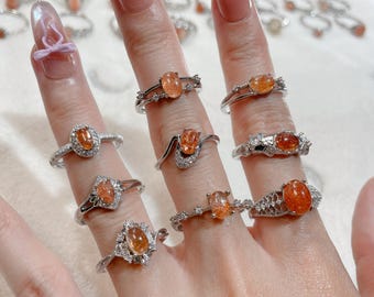 Natural Sunstone Ring, orange stone ring, natural gemstone ring, healing stone ring, mix stone ring, adjustable open ring, silver plated
