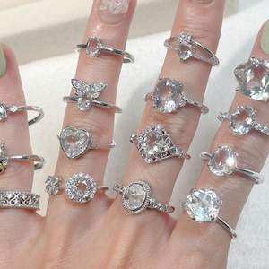 Verzilverde ring van helder kwarts, verstelbare open band