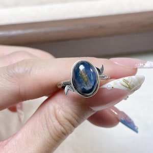 May include: A silver ring featuring an oval-shaped, dark blue cabochon gemstone with subtle golden inclusions. The metal band is designed with small, leaf-like accents extending from the sides of the central stone setting.