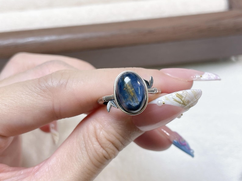 May include: A silver ring featuring an oval-shaped, dark blue cabochon gemstone with subtle golden inclusions. The metal band is designed with small, leaf-like accents extending from the sides of the central stone setting.