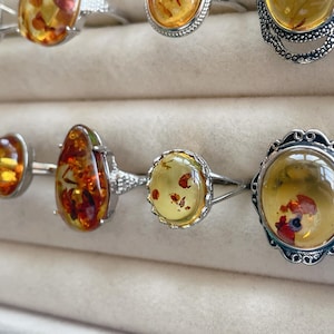 Bague en ambre réglable, anneau plaqué argent, cristal curatif