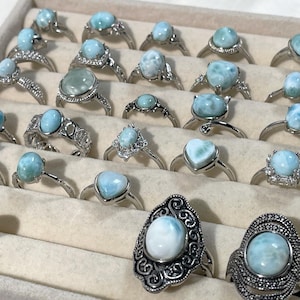 Final sale, Natural larimar rings, larimar crystals, adjustable open ring, blue stone ring, ocean stone, baby blue crystals, green larimar