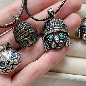 Labradorite cat pendant necklace, cat dangle accessory, animal themed, cute ring gift for her, labradorite, turquoise