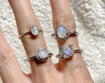 Dainty Moonstone Ring, adjustable open ring, blue moonstone ring, moonstone jewelry, blue flash moonstone, healing crystals, love energy
