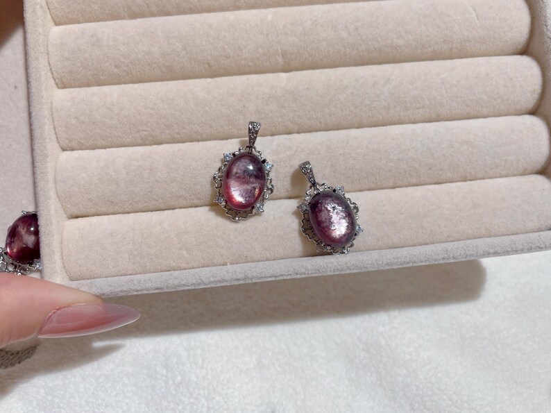 Lepidolite Pendant Necklace, Silver Plated Lace Setting, Natural Crystal Stone image 4