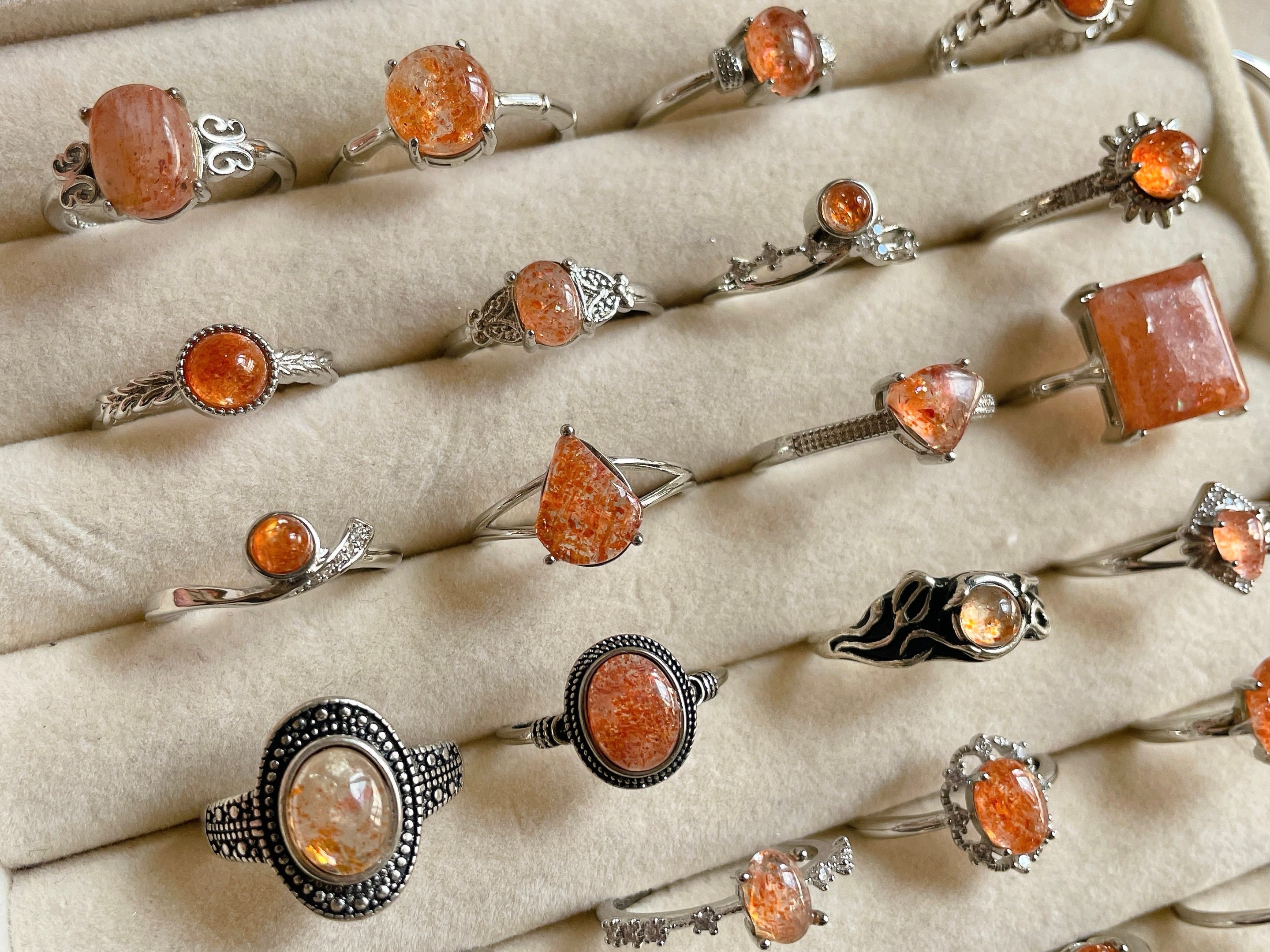 Natural Sunstone Ring, orange stone ring, natural gemstone ring, healing stone ring, mix stone ring, adjustable open ring, silver plated