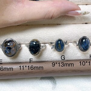 May include: Four silver-toned rings featuring oval blue and black gemstones, labeled E, F, G, and H. Ring E is 12x16mm, F is 11x16mm, G is 9x13mm, and H is 10x15mm. Each ring has a unique metal band design holding the polished cabochon stone.