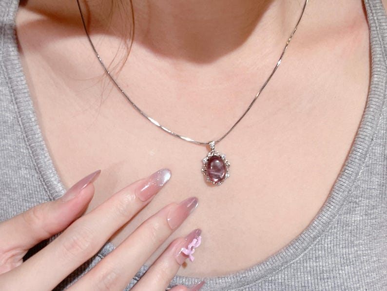 Lepidolite Pendant Necklace, Silver Plated Lace Setting, Natural Crystal Stone image 2