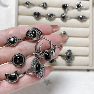 Blackish silver adjustable ring, hypersthene rings, witch black stone ring, gothic jewelry, whimsical