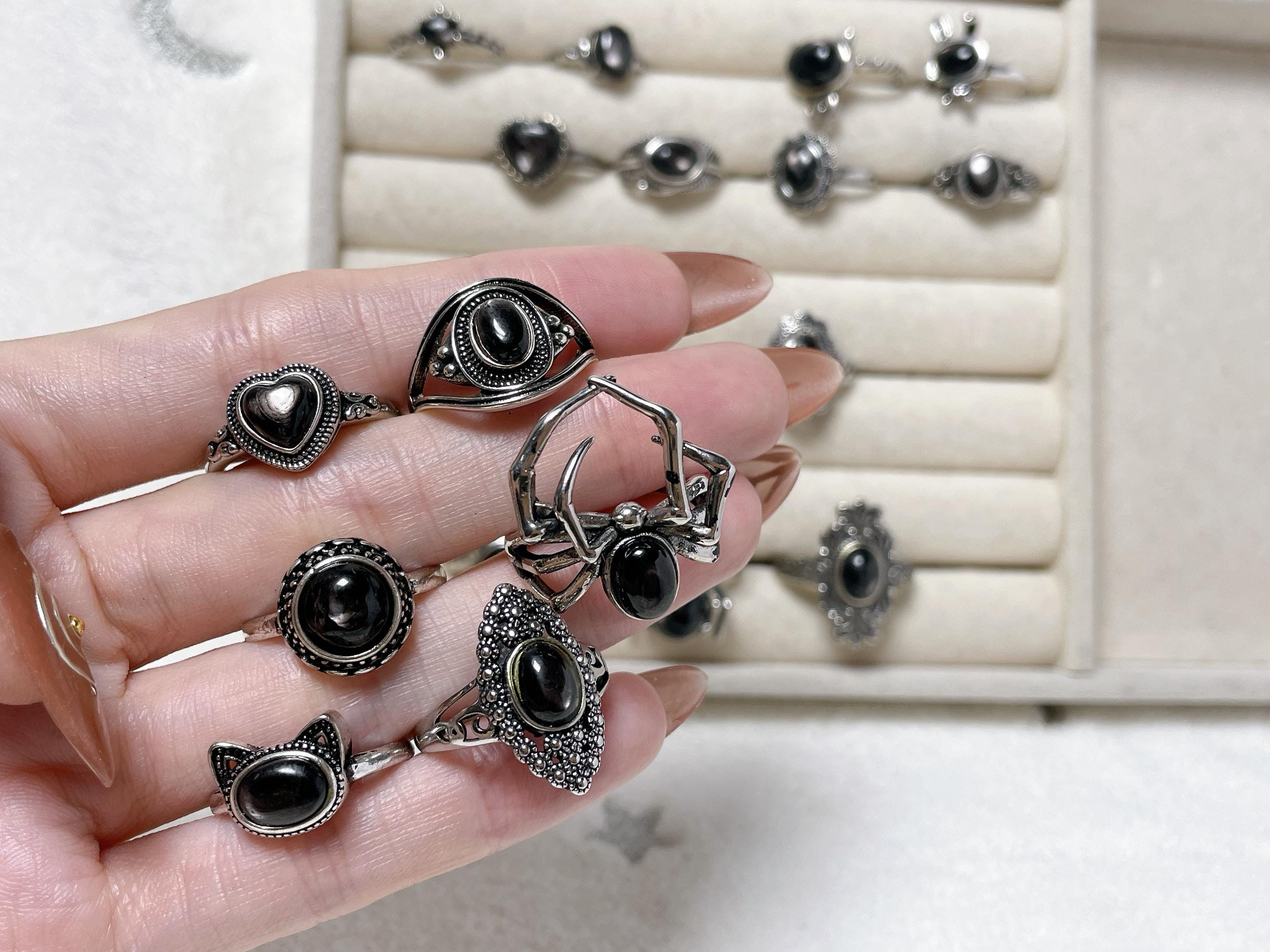 Blackish Silver Adjustable Ring, Hypersthene Rings, Witch Black