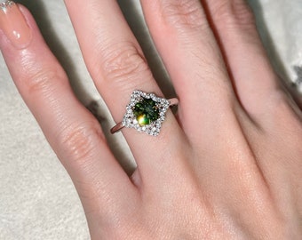 Olive Green Moissanite Ring, Round Cut Sterling Silver Engagement Ring