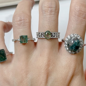 Delicado anillo ajustable de ágata musgosa bañado en plata, joyería femenina, regalo de piedra de nacimiento para dama