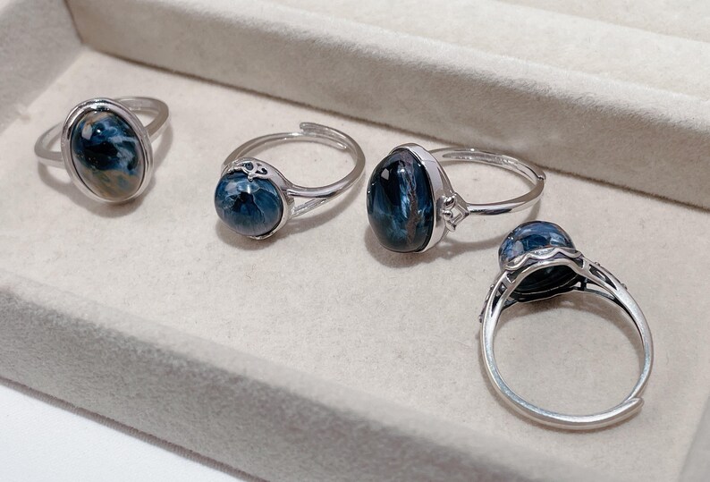 Sterling Silver Pietersite Ring, Adjustable S925 Band, blue crystal stone image 13