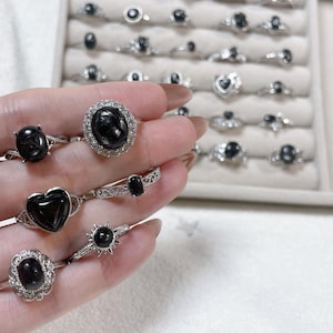 Hypersthene Crystal Ring, Adjustable Silver Plated Rings, Dainty Black Stone Jewelry, Protective crystals, Luck