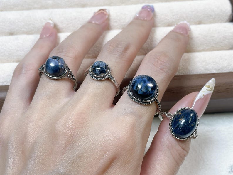 Sterling Silver Pietersite Ring, Adjustable S925 Band, blue crystal stone image 10