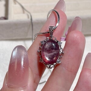 Lepidolite Pendant Necklace, Silver Plated Lace Setting, Natural Crystal Stone image 3