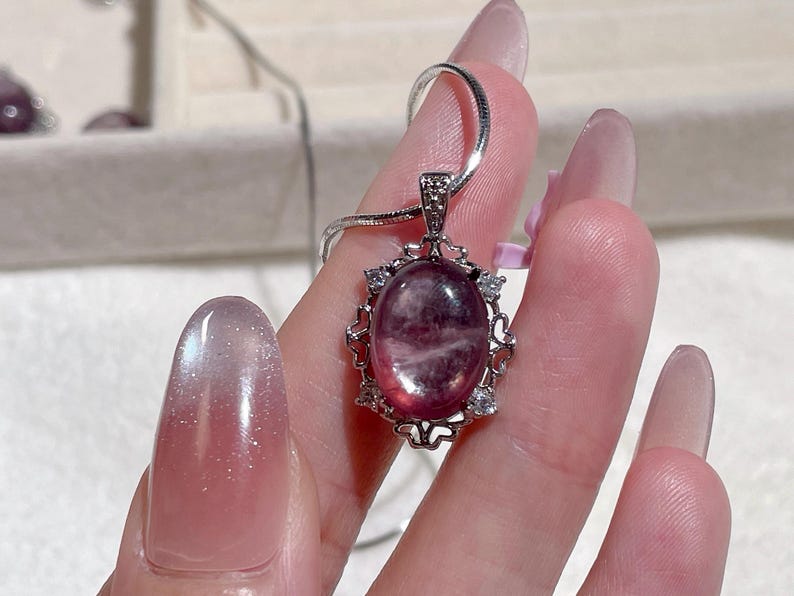 Lepidolite Pendant Necklace, Silver Plated Lace Setting, Natural Crystal Stone image 3