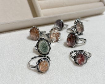 Boho Lodolite Garden Quartz Ring, Silver Plated, Inclusion Crystals (US 6-8)