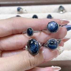 Sterling Silver Pietersite Ring, Adjustable S925 Band, blue crystal stone image 1