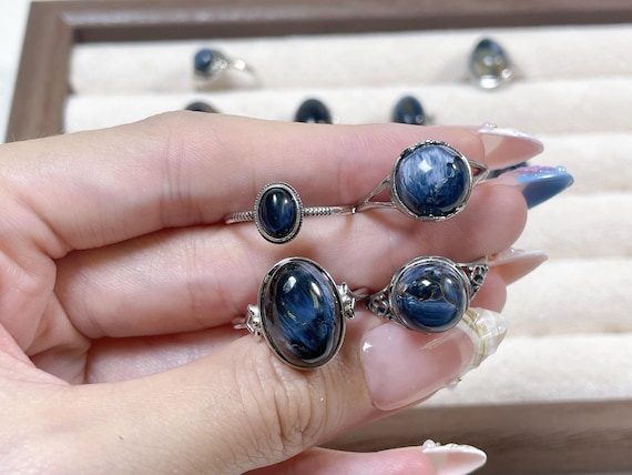 Sterling Silver Pietersite Ring, Adjustable S925 Band, blue crystal stone