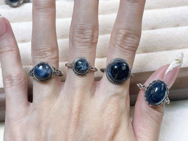 Sterling Silver Pietersite Ring, Adjustable S925 Band, blue crystal stone image 9