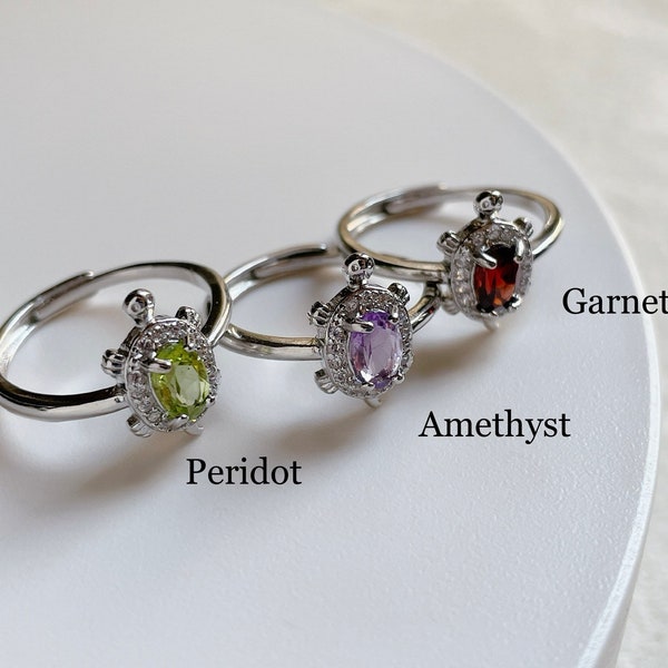 Cute Turtle ring with polished natural gemstone, turtle theme, tortoise turtle garnet peridot amethyst ring, cute turtle stuff , girly ring