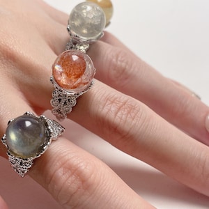 natural crystal sphere ball ring, silver plated ring, bohemian ring, fall winter jewelry, transparent crystals, hematoid quartz, labradorite