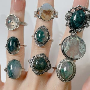 Natural Moss Agate Ring, Silver Plated Adjustable Band, Green Crystal Jewelry