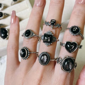 Bague hypersthène ajustable en argent sterling S925, pierre précieuse noire bohème