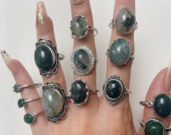 Natural Moss Agate ring, adjustable ring, silver plated ring, foam agate, green agate crystal, moss crystal, moss crystal ring
