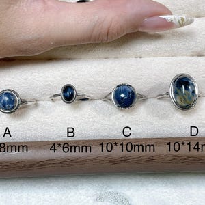 May include: Four silver rings labeled A, B, C, and D, each featuring a blue and black patterned stone. Ring A is 8x8mm, B is 4x6mm, C is 10x10mm, and D is 10x14mm. The rings are arranged in a row on a soft, light-colored display surface.