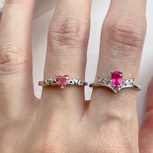 Dainty pink heart ring, coated pink topaz, adjustable ringsfor stacking, dainty silver plated rings, coated gemstone, heart, love energy