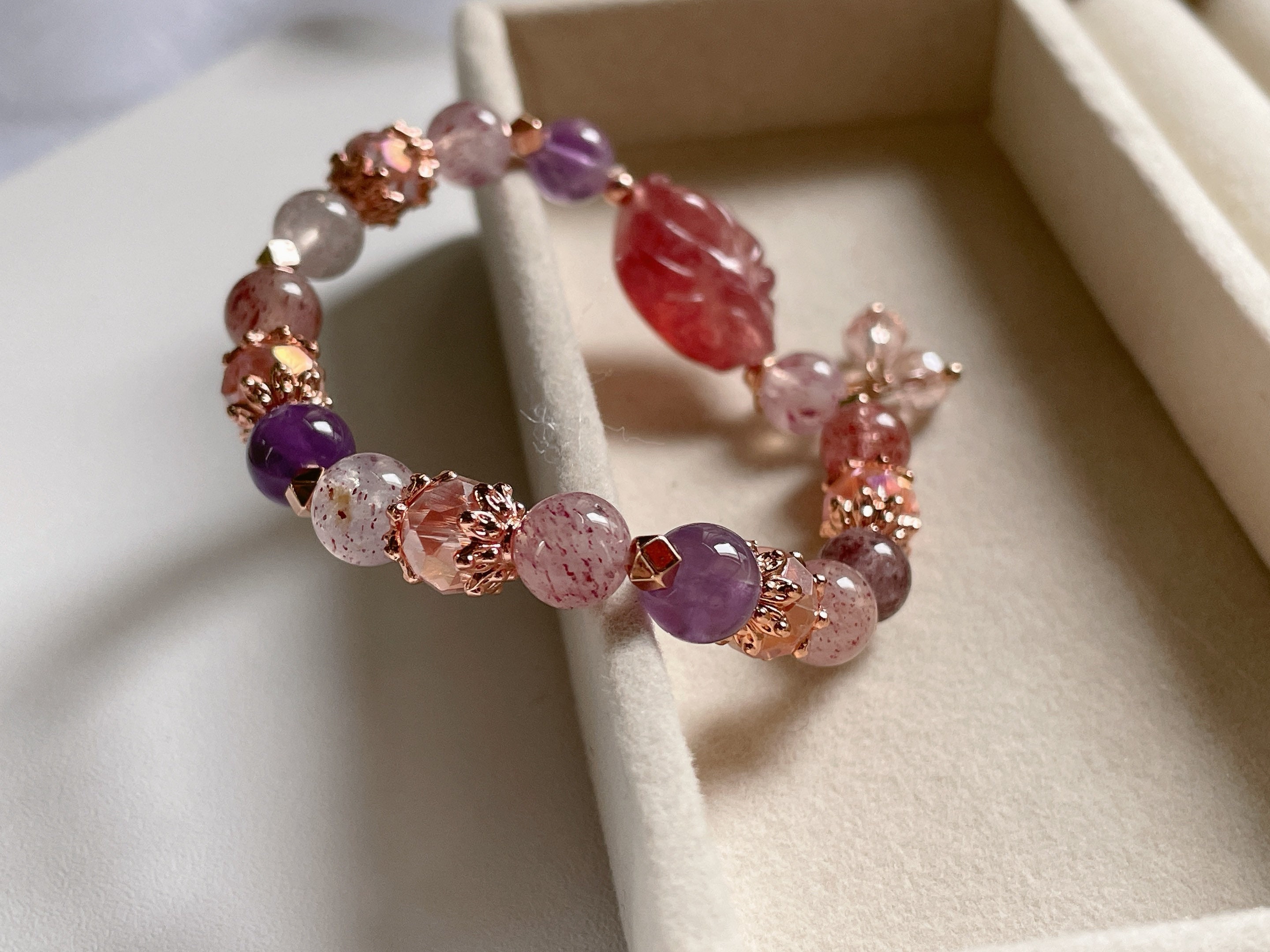 Strawberry Quartz Nine-tailed Fox Bracelet, 7-8mm Amethyst Crystal