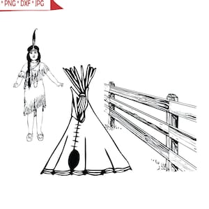 May include: Black and white line art illustration of a Native American woman standing in front of a teepee and a wooden fence. The woman is wearing a feathered headdress and a long dress. The teepee is open at the top and has a flap hanging down. The fence is made of horizontal planks.