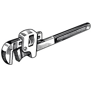 May include: A black and white line drawing of a pipe wrench. The wrench is angled and the jaws are open.