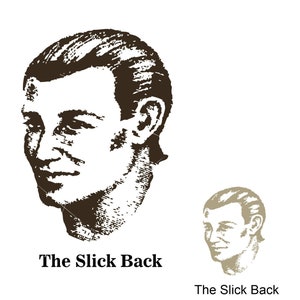 Könnte beinhalten: Eine Schwarzweiß-Zeichnung eines Männerkopfes mit zurückgekämmtem Haar. Der Text "The Slick Back" befindet sich unter dem Bild.