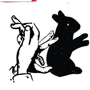 Puede incluir: Ilustración en blanco y negro de una mano haciendo una sombra de conejo.