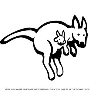 May include: Black and white line drawing of a kangaroo carrying a joey in its pouch.