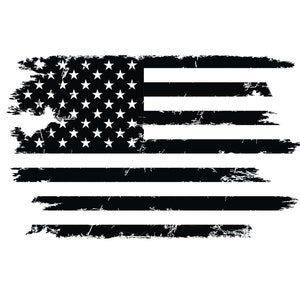 May include: A distressed black and white American flag with a grunge effect. The flag is tattered and worn, with a faded look.
