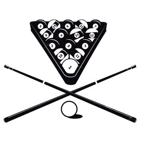 May include: Black and white illustration of a pool table with billiard balls arranged in a triangle formation. Two crossed pool cues are positioned above the table with a single billiard ball resting on the table.