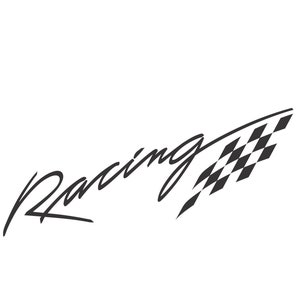May include: Black and white chequered racing flag with the word "Racing" written in cursive script.