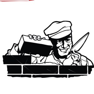 Puede incluir: Una ilustración en blanco y negro de un trabajador de la construcción sosteniendo un ladrillo y una paleta. Está sonriendo y lleva una gorra. Está de pie frente a una pared de ladrillos.
