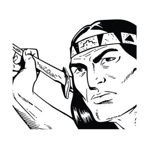 May include: Black and white line art illustration of a Native American man wearing a headband with geometric designs, holding a tomahawk in his right hand.