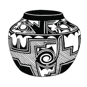 May include: Black and white illustration of a traditional Southwestern pottery jar with geometric patterns.
